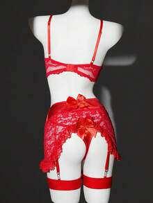 SHEIN Bộ đồ lót satin phối ren thắt nơ cổ điển gợi cảm dành cho Ngày Valentine, 5 món - Đỏ - Xem 2