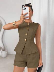 Lavishia 女士纯色金属单排扣背心和短裤休闲通勤两件套 - 棕色 - 查看 8