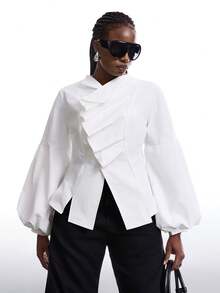 LYSMO 大码简约秋冬女式纯色荷叶边泡泡袖时尚衬衫，灯笼袖衬衫，泡泡袖衬衫，白色衬衫，优雅白色长袖衬衫 - 白色 - 查看 1