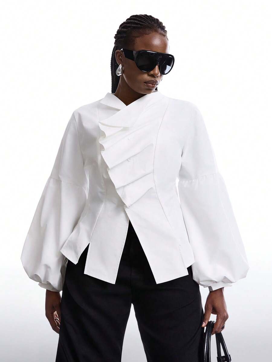 LYSMO 大码简约秋冬女式纯色荷叶边泡泡袖时尚衬衫，灯笼袖衬衫，泡泡袖衬衫，白色衬衫，优雅白色长袖衬衫 - 白色 - 查看 1