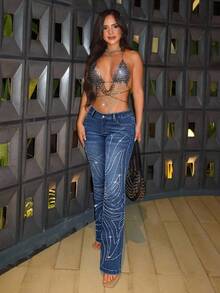 Jeanoix Women's Low Waist Fitted Rhinestone Embellished Flare Jeans - Dark Wash - View 5