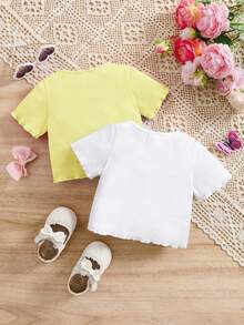 SHEIN LMoss Kids 2pcs/Set Baby Girl Cute Bow Knit Short Sleeve Top, Versatile Summer For Cute Tops Baby Tops Baby Tees Baby Doll Shirts Baby T Shirts - White - View 10