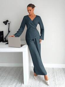 Siren Gaze Elegant Dusty Blue V Neck Wrap Regular Sleeve Blouse And Full Length Plain Woven Fabric Pants Two-Piece Outfit For Women - Dusty Blue - View 5