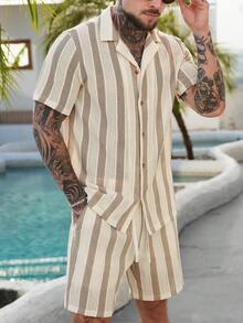 VENTUSAIL 男士卡其色提花条纹休闲度假短袖衬衫和短裤套装 - 卡其色 - 查看 4