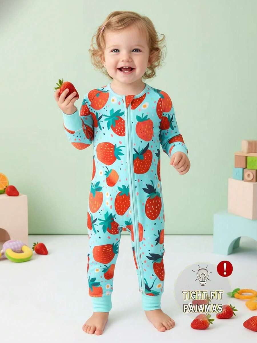 Infant & Baby Girl Cartoon Strawberry Print Zip-Front Long Sleeve Jumpsuit Pajamas (With Detachable Sleeve & Foot Covers) Snug Fit
