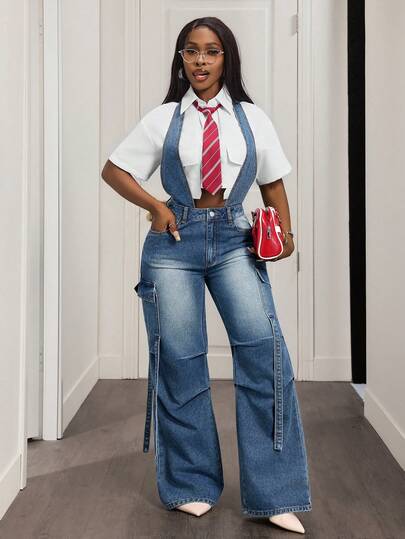 Slaydiva 女士撞色口袋休闲背带牛仔裤