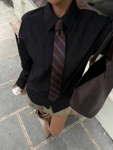 Muchica 女士黑色束腰长袖衬衫，配领带 - 黑色 - 查看 4