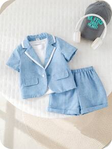 SHEIN 2pcs Baby Boy Preppy Gentleman Outfit, Contrast Color Short Sleeve Blazer And Elastic Waist Shorts Set, Suitable For Birthday Party, Rave, Evening Party, Performance, Wedding, Baby Shower, 1st Birthday Celebration Baby Boy Blue Suit Blazer For Baby Boy 18m Boy Dress Suit - Multicolor - View 3