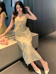 DAZY Đầm dài ngang gối không tay cổ chữ V xếp ly thanh lịch dành cho nữ, đầm dự tiệc cưới mùa hè. - Vàng nhạt - Xem 8