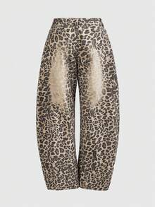 Grunge Punk Y2K Vintage Leopard Print Loose Fit Flared Leg Women Jeans - Brown - View 2