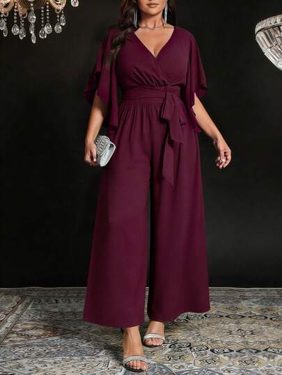 SHEIN Elenzya Damen Jumpsuit in Große Größen mit einfarbigem, tailliertem, gerafftem Glockenärmel und Bindegürtel, eleganter Lässig-Alltags-Look