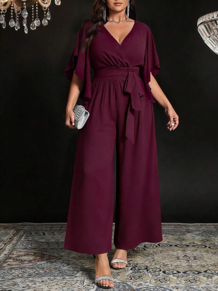 SHEIN Elenzya Mono de mujer de talla grande con mangas cortas acampanadas, cintura con lazo y silueta evasé, de unicolor y ajustado, elegante y casual para uso diario - Rojo violeta - Ver 1