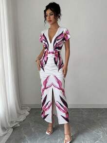 Elenzga V-Neck Waist Gathered Pleated Bodycon Elegant Romantic Sophisticated Women Dress, Suitable For Vacation - Multicolor - View 4