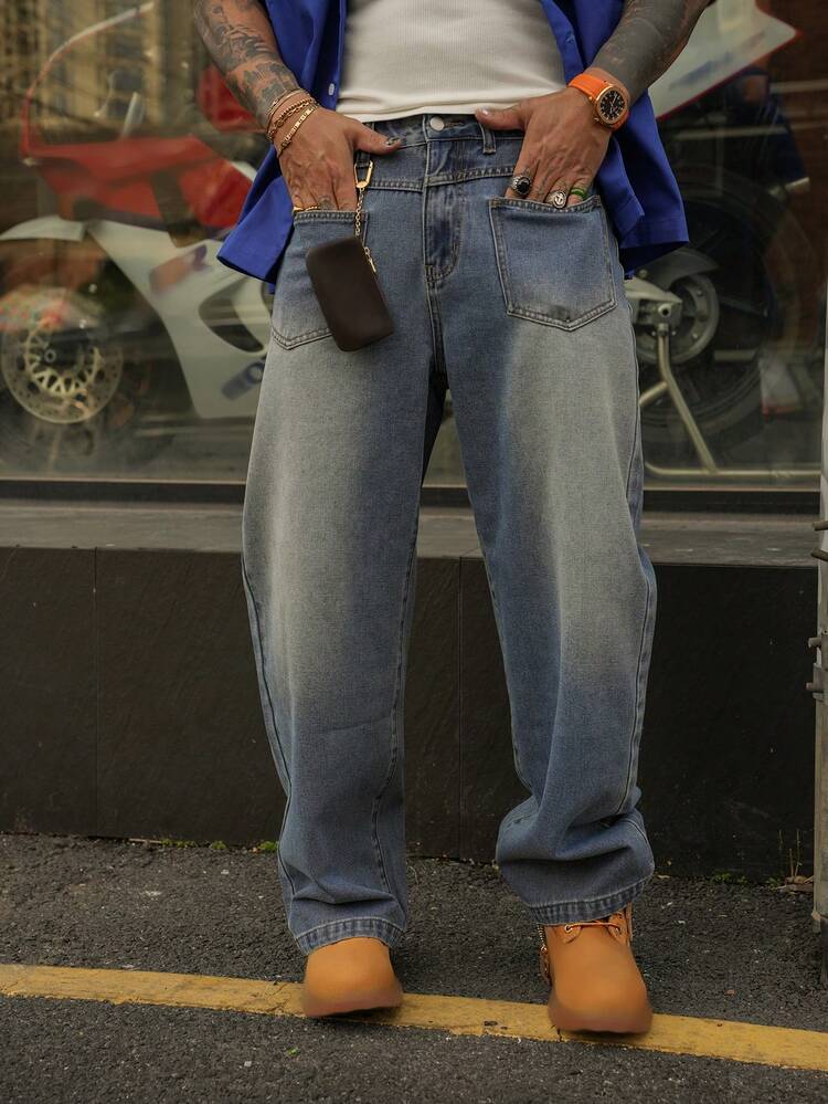 Men's Plain Washed Blue Distressed Denim Jeans, Suitable For Spring And Autumn