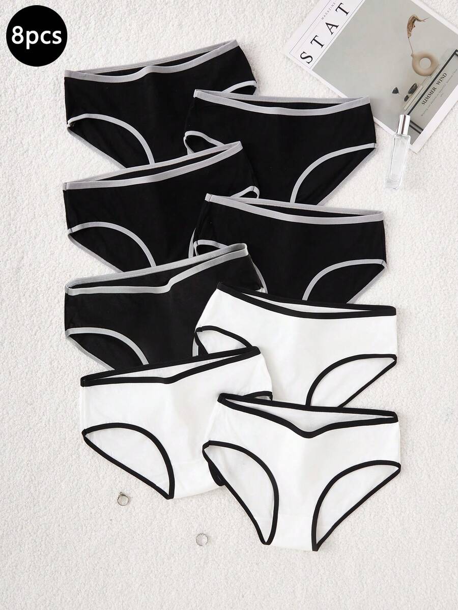 8pcs/Pack Tween Girls' Minimalist Fashion Contrast Trim Thin Mid-Rise Shaping Panties - Black and White - View 1