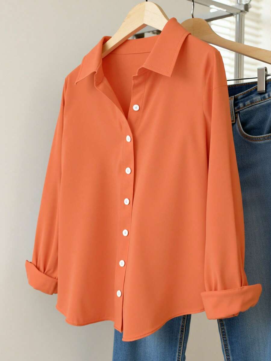 INAWLY 純色正面紐帶長袖襯衫 - 珊瑚橙 - 查看 1