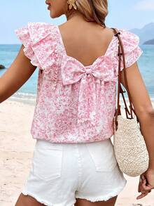 Sylviya 女士休闲碎花印花蝴蝶结后背荷叶边短袖衬衫，日常穿着，春夏