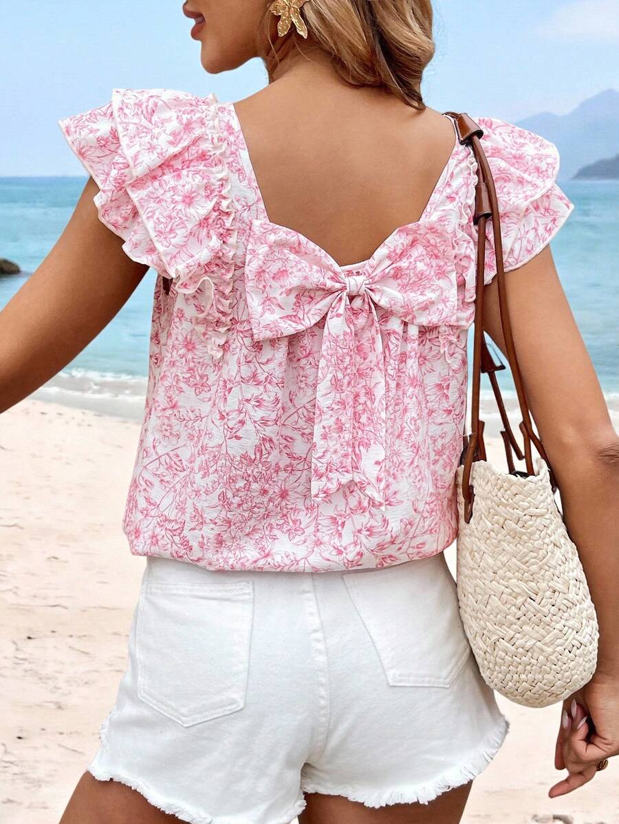 Sylviya 女士休闲碎花印花蝴蝶结后背荷叶边短袖衬衫，日常穿着，春夏