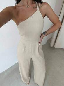 Firerie Elegant Linen Backless Ruched Waist Wide Leg Jumpsuit, Casual, Vacation, Commute, Summer - Khaki - View 3