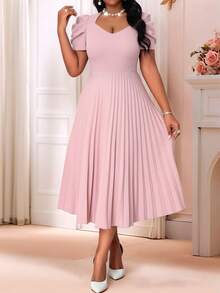SHEIN CURVE+ Đầm thanh lịch màu trơn cổ tim tay phồng gấu xếp ly dành cho nữ cỡ lớn, thích hợp cho ngày Valentine. - Hồng - Xem 4