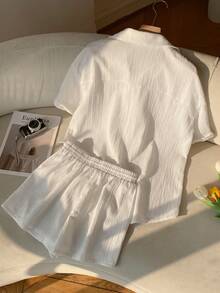 SHEIN EZwear 女士白色梭织短袖衬衫和短裤休闲套装 - 白色 - 查看 3