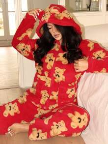 Lowkey Lull Bộ đồ ngủ nữ FamilyFrolics hình tai gấu bông, bộ đồ ngủ gia đình đồng bộ, 2 món mềm mại và thoải mái dành cho nữ, phong cách mùa thu thanh lịch. - Đỏ - Xem 5