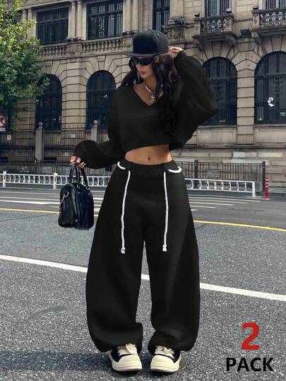 Coolane Women's Winter/Spring Streetwear Back To School Casual Daily Wear Warm/ Cold Weather/ Thermal Comfortable Deep V-Neck Long Sleeve Crop Sweatshirt And Wide Leg Curved Hem Pants Black Suit Set Two Pieces Outfits
