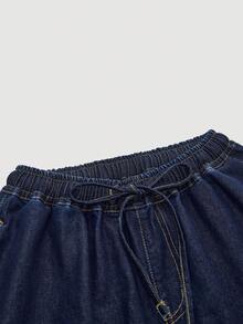 Maija 原色阔腿牛仔裤，低腰，舒适弹力腰带，带口袋，春季款 - 深色水洗藍 - 查看 4