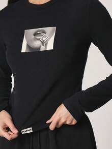 Missguided x Playboy Women's Long Sleeve Graphic Tee With Artistic Print And Crew Neck Perfect For Casual Fall Winter Layering - Black - View 1