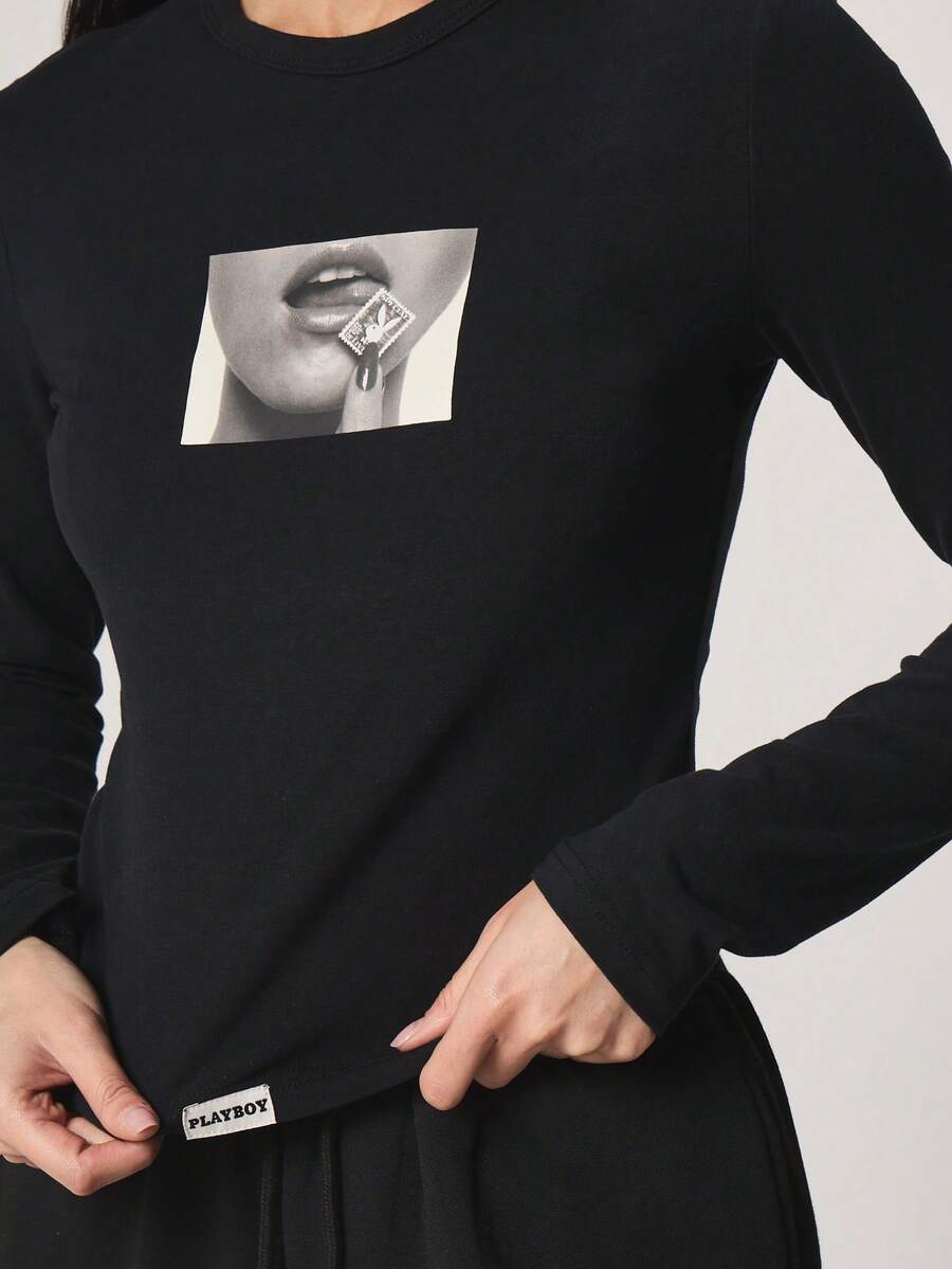 Missguided x Playboy Women's Long Sleeve Graphic Tee With Artistic Print And Crew Neck Perfect For Casual Fall Winter Layering - Black - View 1
