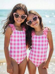 Emery Rose Kids Emery Rose Kids 女童格子3D花卉边饰泳衣，春夏款 - 淺粉色 - 查看 2