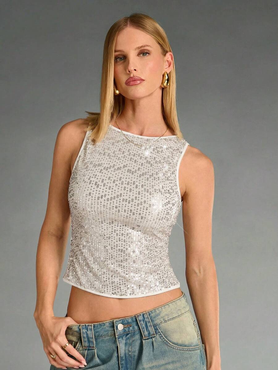 SHEIN BAE 女士酒红色纯色安哥拉羊毛混纺无袖圆领上衣，饰有优雅闪亮亮片，简约休闲，适合鸡尾酒会、浪漫约会、秋冬叠穿、聚会、派对、万圣节、圣诞节、新年等场合。 - 杏色 - 查看 1