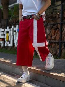 Manfinity EMRG Men's Contrast Color Patchwork Casual Loose Fit Denim Shorts With Belt Loops Red Jean Shorts Men - Red - View 6