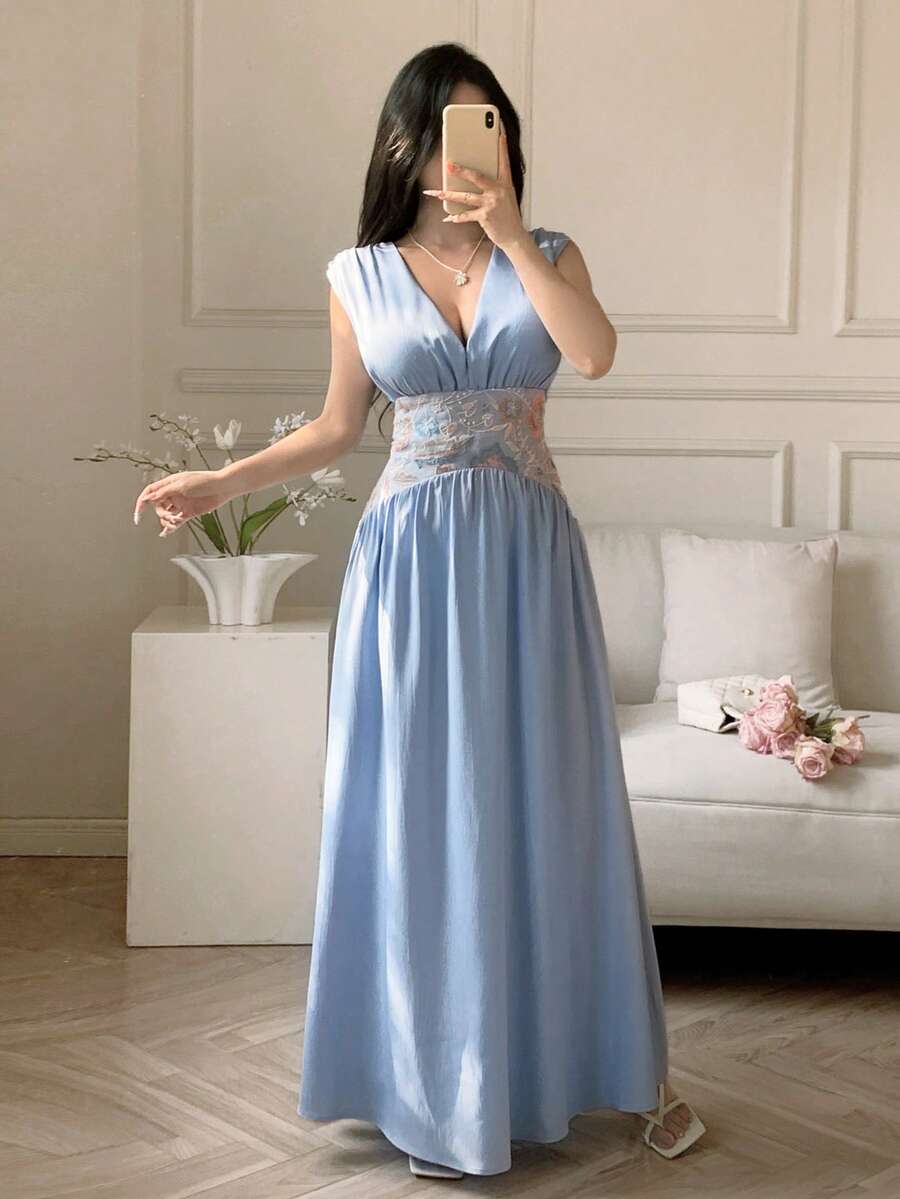 Celisse Blue Embroidered Mesh Splice Deep V-Neck Elegant Dress For Women - Blue - View 1