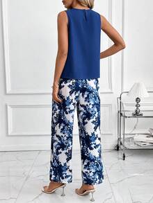 SHEIN Clasi 优雅女士纯色纹理褶皱上衣和花朵阔腿裤套装 - 藍色 - 查看 4