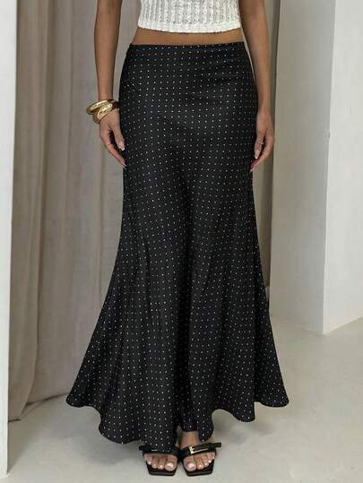 Glamine Women's Satin Polka Dot A-Line Skirt, Romantic Date Skirt, Elegant Versatile Skirt