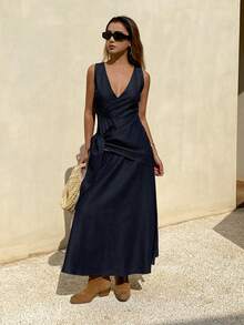 DAZY Women's V-Neck Sleeveless Wrap Tie Waist Elegant Maxi Denim Dress Vacation - Dark Wash - View 3