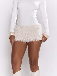 MUSERA Low Rise Sequin Fringe Mini Shorts Hotpants Sexy Elegant Occasion Party Evening NYE Spring Summer Vacation Holiday Festival - Cream - View 5