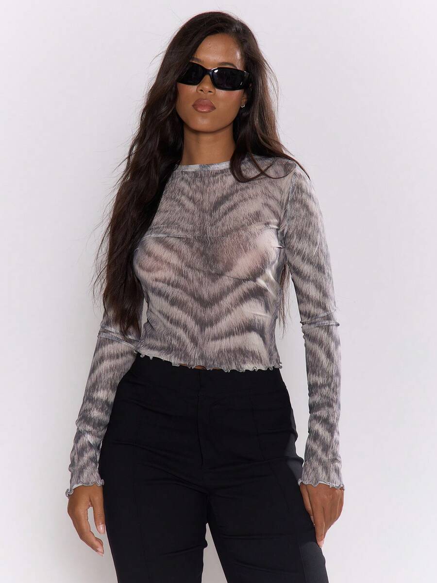 MUSERA Feraux 网眼格纹印花长袖荷叶边下摆上衣，性感外出秋季夜生活可爱街头风。适合假日派对、春夏穿着。 - 彩色 - 查看 1