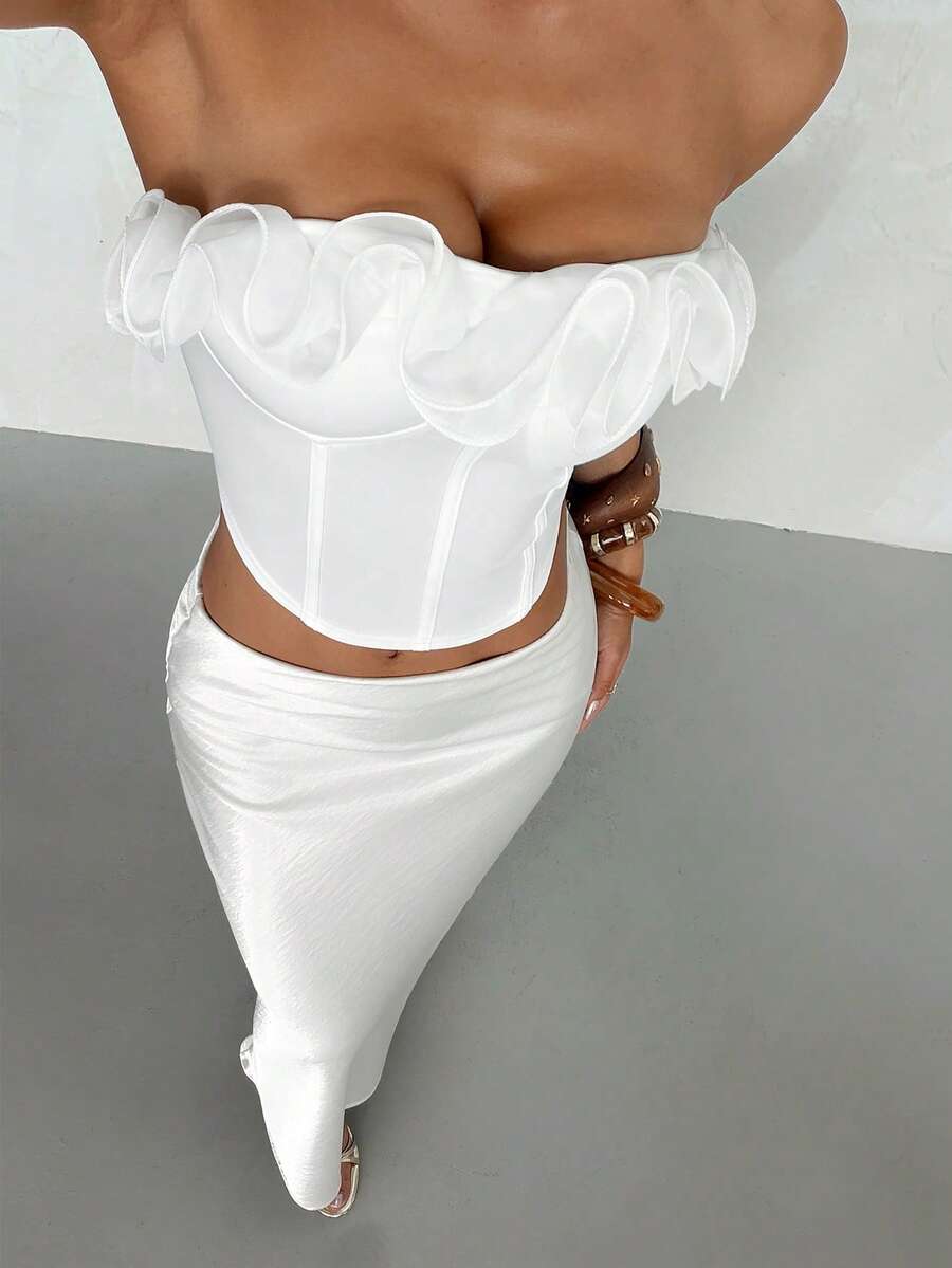 SHEIN PETITE Romantic Sexy Ruffle Trim Fitted Tube Top, Suitable For Holiday, Date Night, Valentine's Day, Afternoon Tea - White - View 1