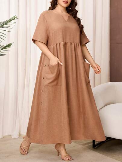 Lacomfia Women's Loose Elegant Comfortable Pocket Minimalist Plus Size Dress, Short Sleeve