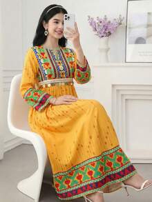 SHEIN 少女黄色印花长袍，卡夫坦式长袖长袍，适合度假和外出，春夏款 - 黃色 - 查看 4