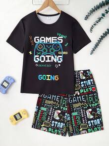 2pcs/Set Young Teen Boy Simple Fashion Letter Print & Gaming Pattern Short Sleeve Tee And Shorts Casual Pajama Set