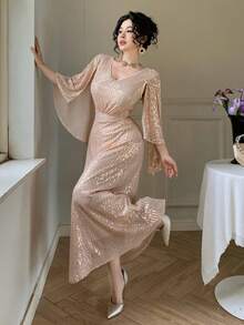 DAZY Women's Elegant Sequin V-Neck Ruffle Sleeve Dress, Summer Carnival Wedding Guest Dress Sparkly Dress Maxi Dress Sundress - Apricot - View 3
