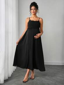 Maternity Solid Color Frill Trim Camisole Nursing Dress, - Black - View 3