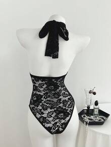 Elamini Casual Versatile Deep V-Neck Ruched Black Lace Bodysuit - Black - View 2