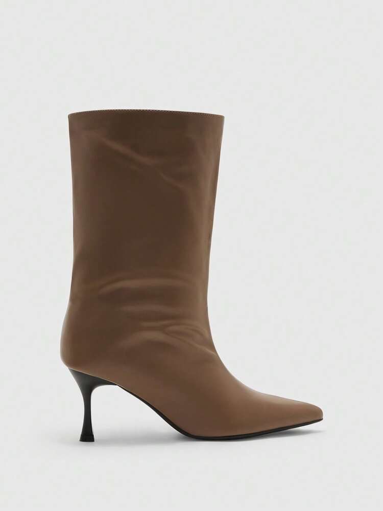 CUCCOO BIZCHIC Women's Fashion Pointed Toe Solid Color Mid-Calf Boots, Black Valentine's Day - Khaki - View 2
