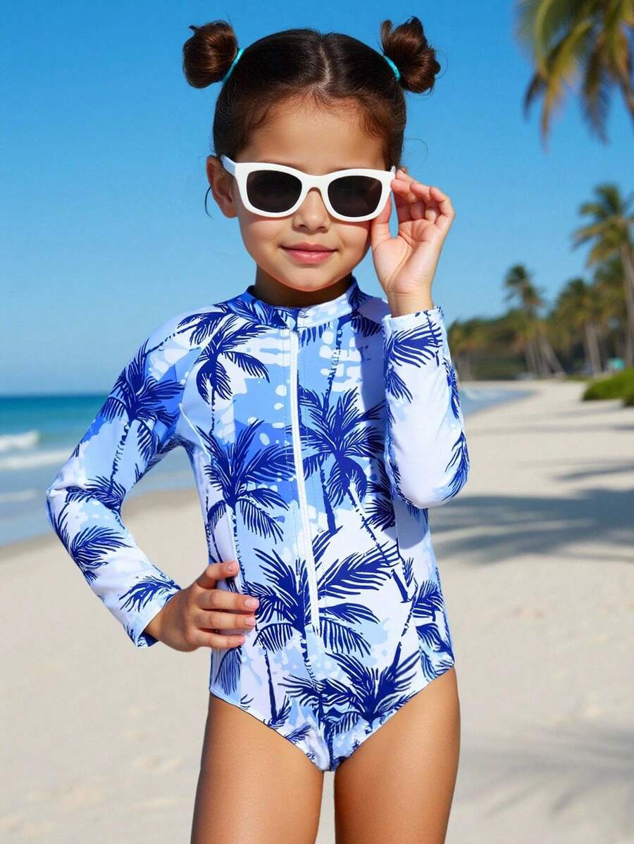 Sparklyn Young Girl Summer Vacation Beach Coconut Tree Print Zipper Half-Open One-Piece Swimsuit - Baby Blue - View 1