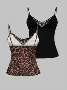 SHEIN LUNE 大码女式蕾丝拼接两件套豹纹花卉印花吊带背心，休闲百搭背心 - 彩色 - 查看 2