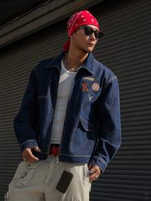 DAZY Men's Denim Jacket With Embroidered Lettering Pattern, Navy Blue, Suitable For Spring And Autumn - Blue - View 3